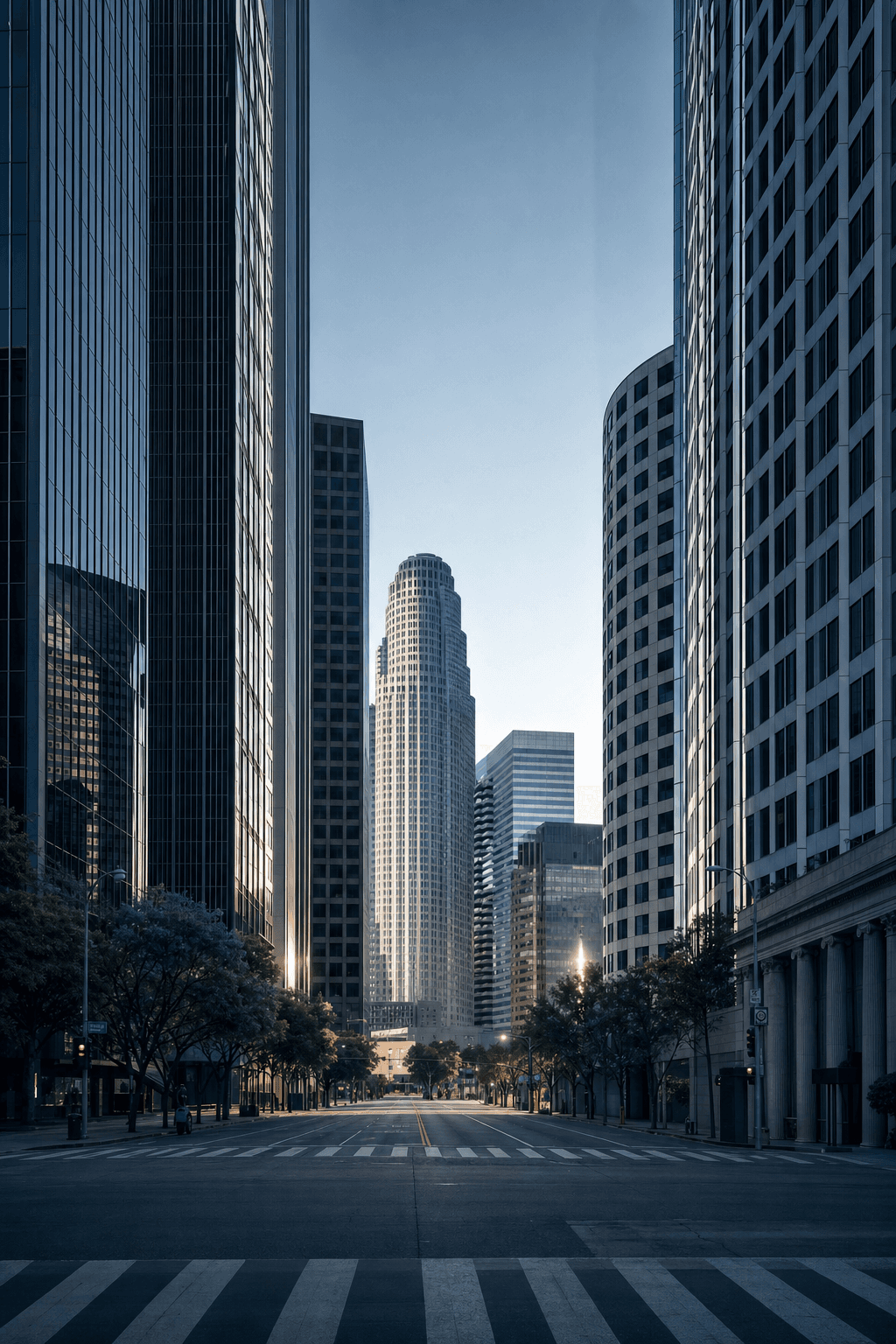 Downtown Los Angeles street canyon framed by high-rise towers at dawn
