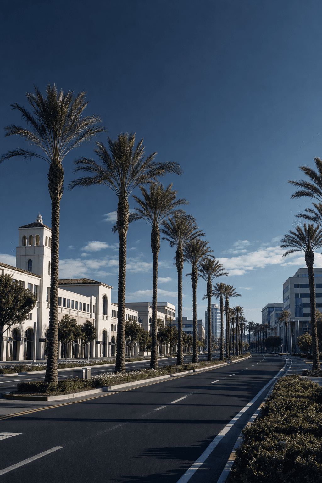 Palm-lined civic and business boulevard in Orange County under a clear sky