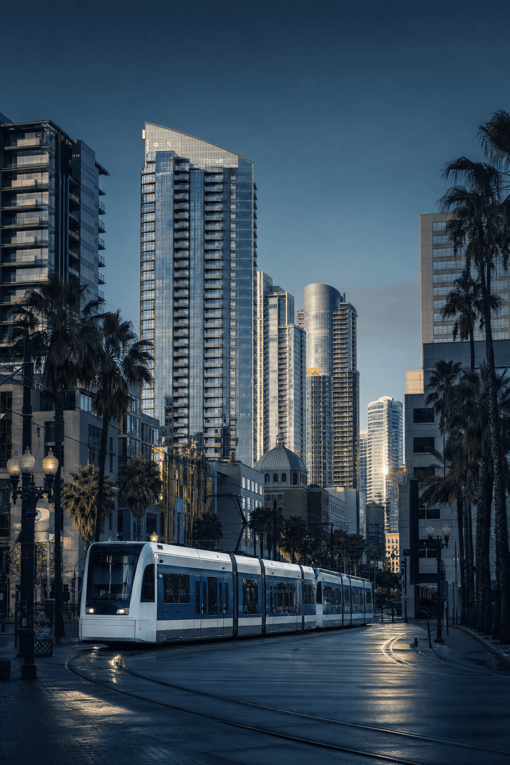 San Diego trolley passing beneath the downtown skyline
