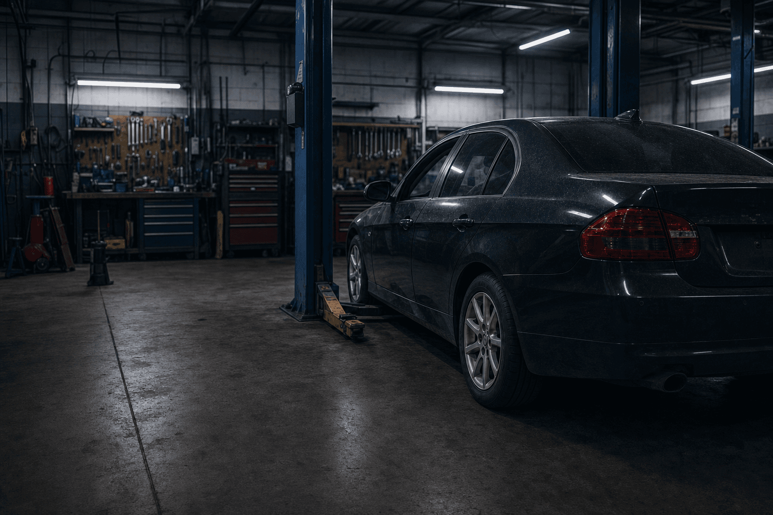 A vehicle in a repair garage